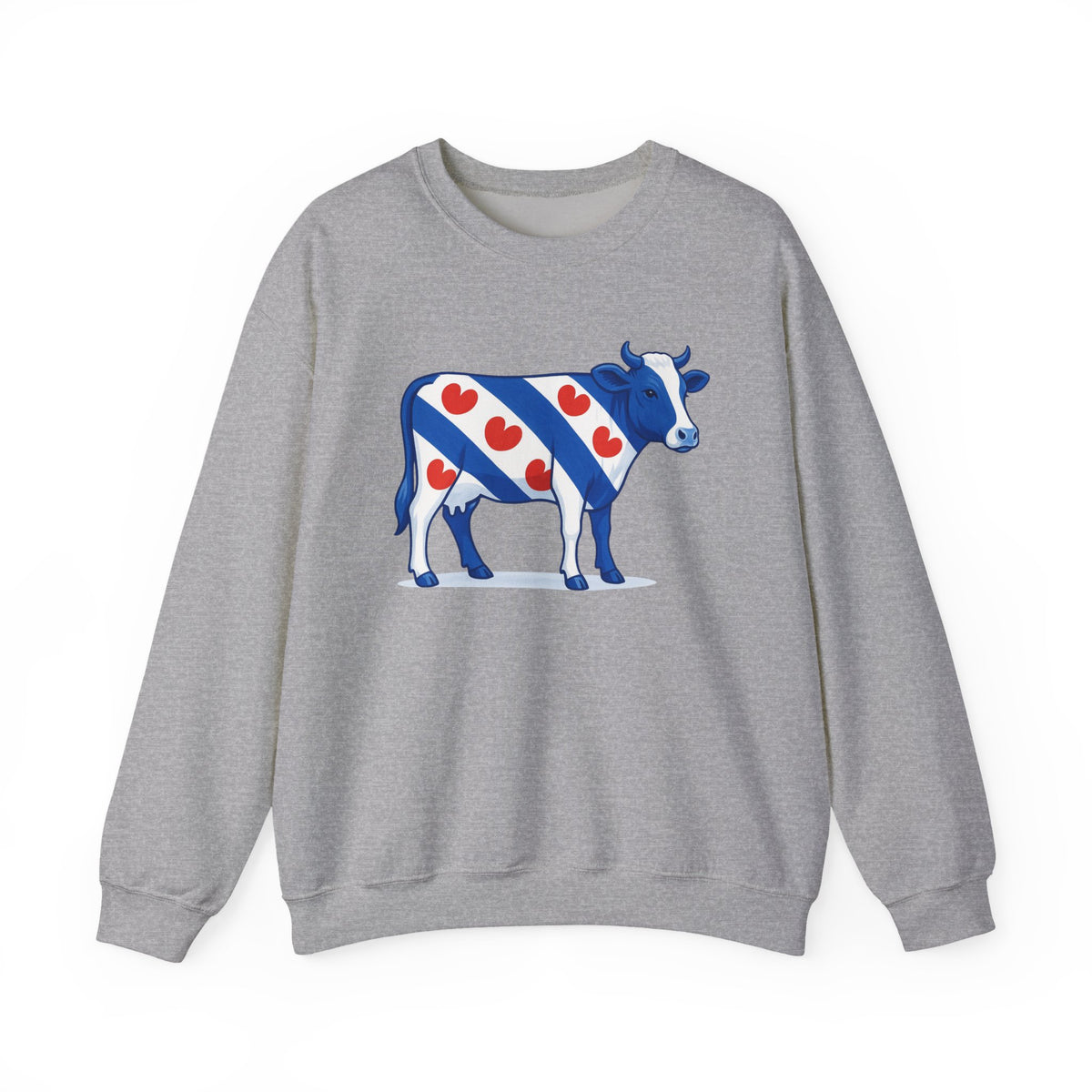 Lichtgrijs sweatshirt met illustratie van een Friese koe in Friese vlag stijl met rode pompeblêden