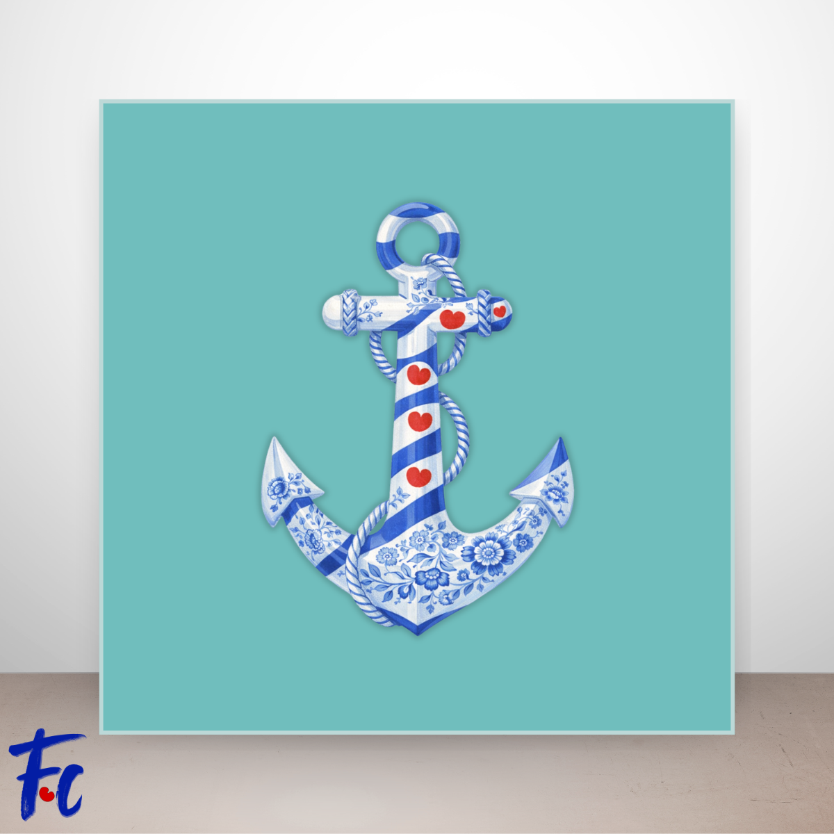 Delftsblauw anker met Friese pompeblêden en bloemen in maritieme stijl