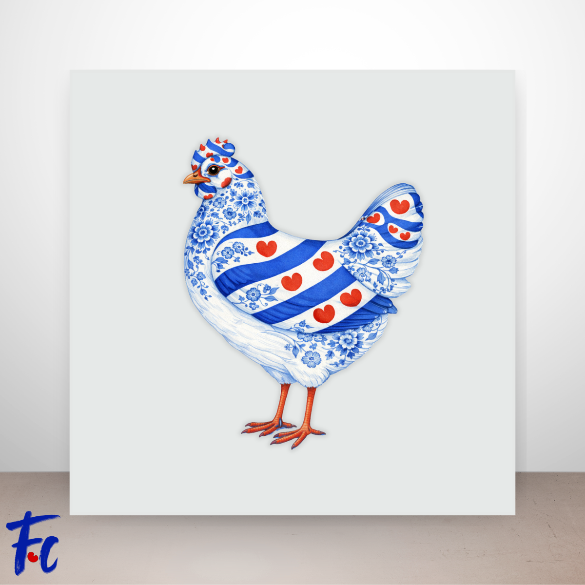 Friese kip illustratie in Delftsblauw stijl met rode pompeblêden uit de Friese vlag