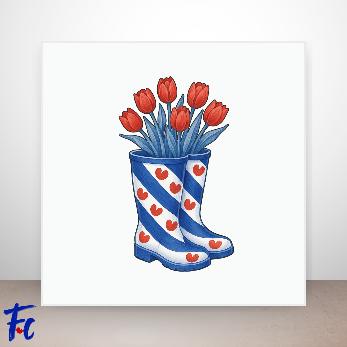 Keramisch tegeltje met Friese laarsjes gevuld met rode tulpen in witte kleur, voorzien van UV reliëf sticker.