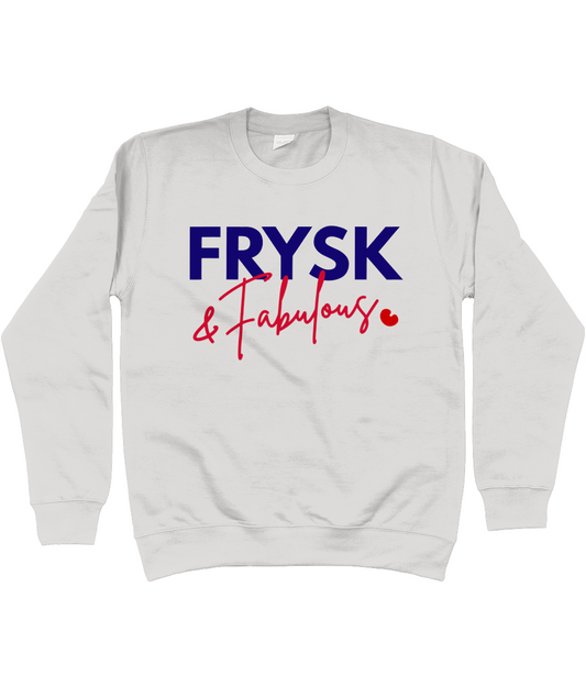 sweater met donkerblauwe en rode opdruk Frysk & Fabulous en rood pompeblêd