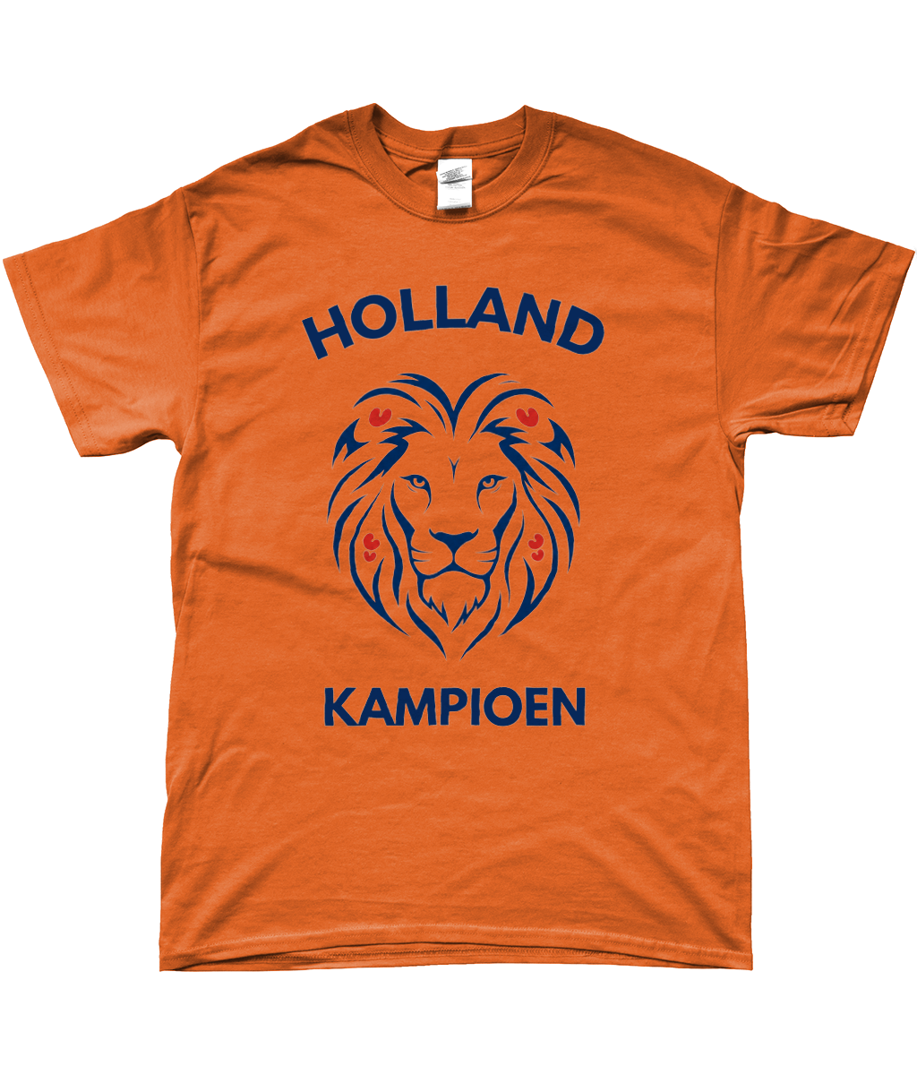 Oranje T-shirt met blauwe leeuwenkop en tekst Holland Kampioen in Friese stijl