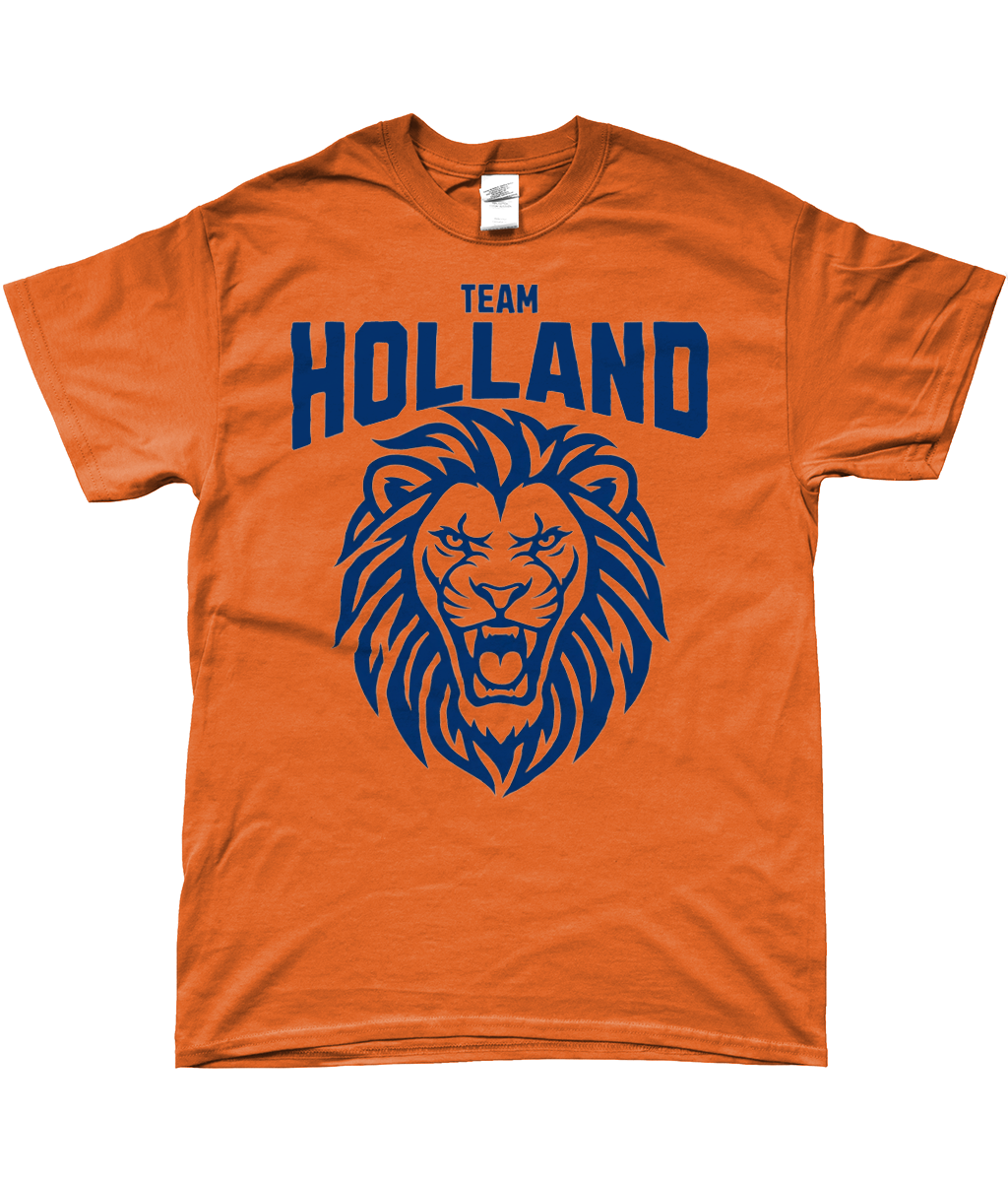 Oranje Team Holland T-shirt met blauwe leeuwenkop en supportersdesign voor WK voetbal