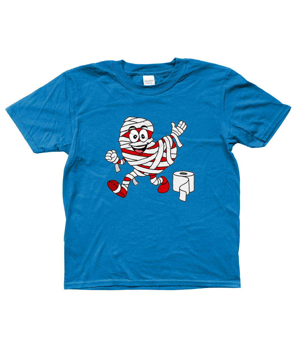 blauw kinder T-shirt met Pompy, het Friese pompeblêd, verkleed als mummie met wc-papier – Halloween design
