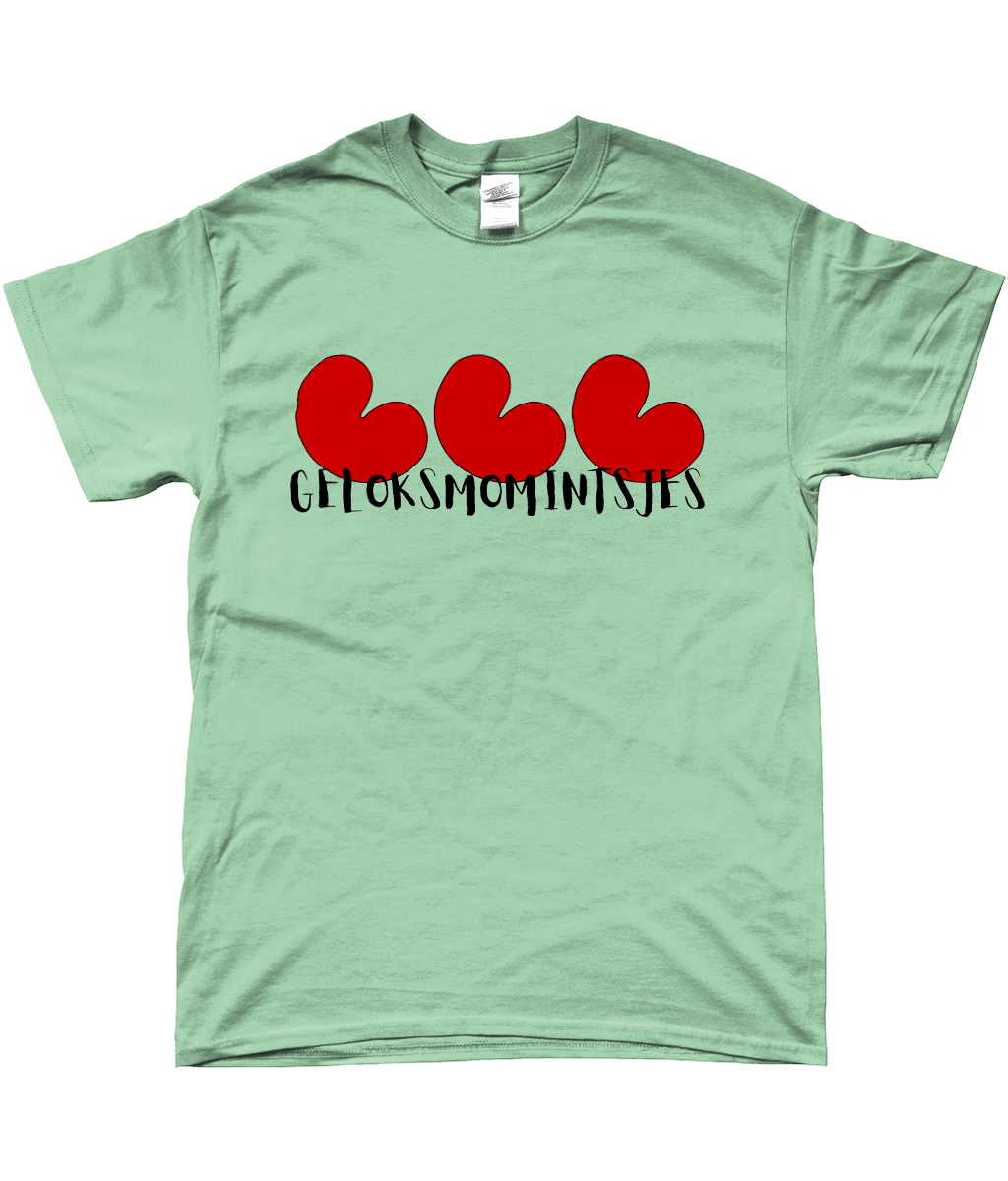 Friese T-shirt Geloksmomintsjes met pompeblêden, geschikt voor lichte kleuren – FrieseCreaties.nl