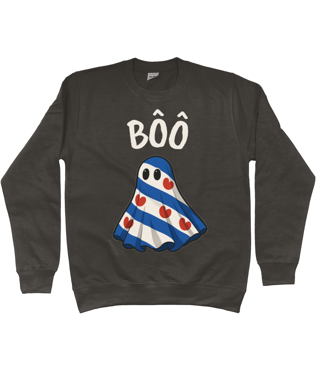 Friese sweater met spook en tekst Bôô – Halloween uit Fryslân