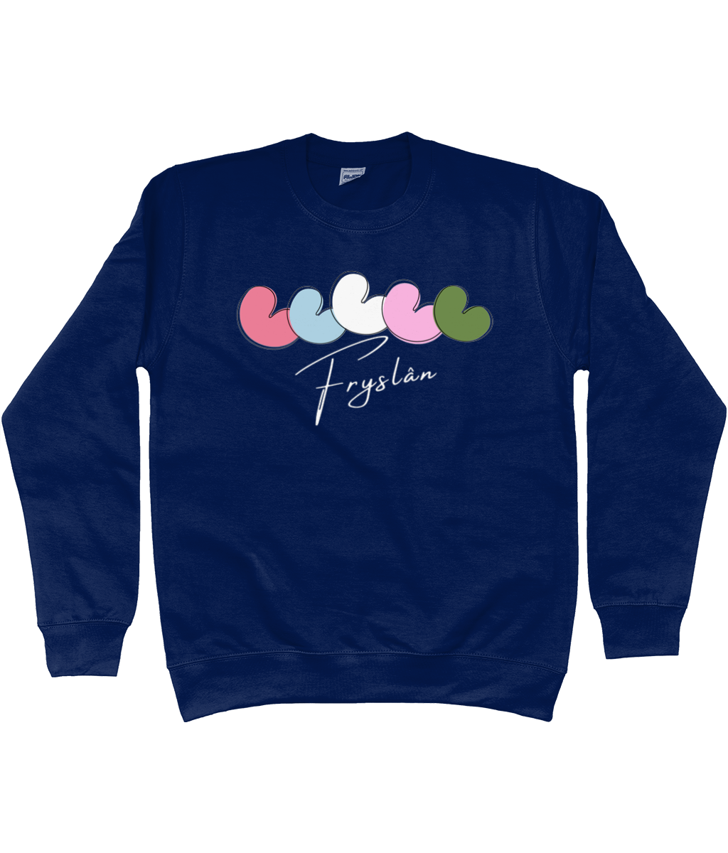 Blauw sweatshirt met vijf pompeblêden op een rij