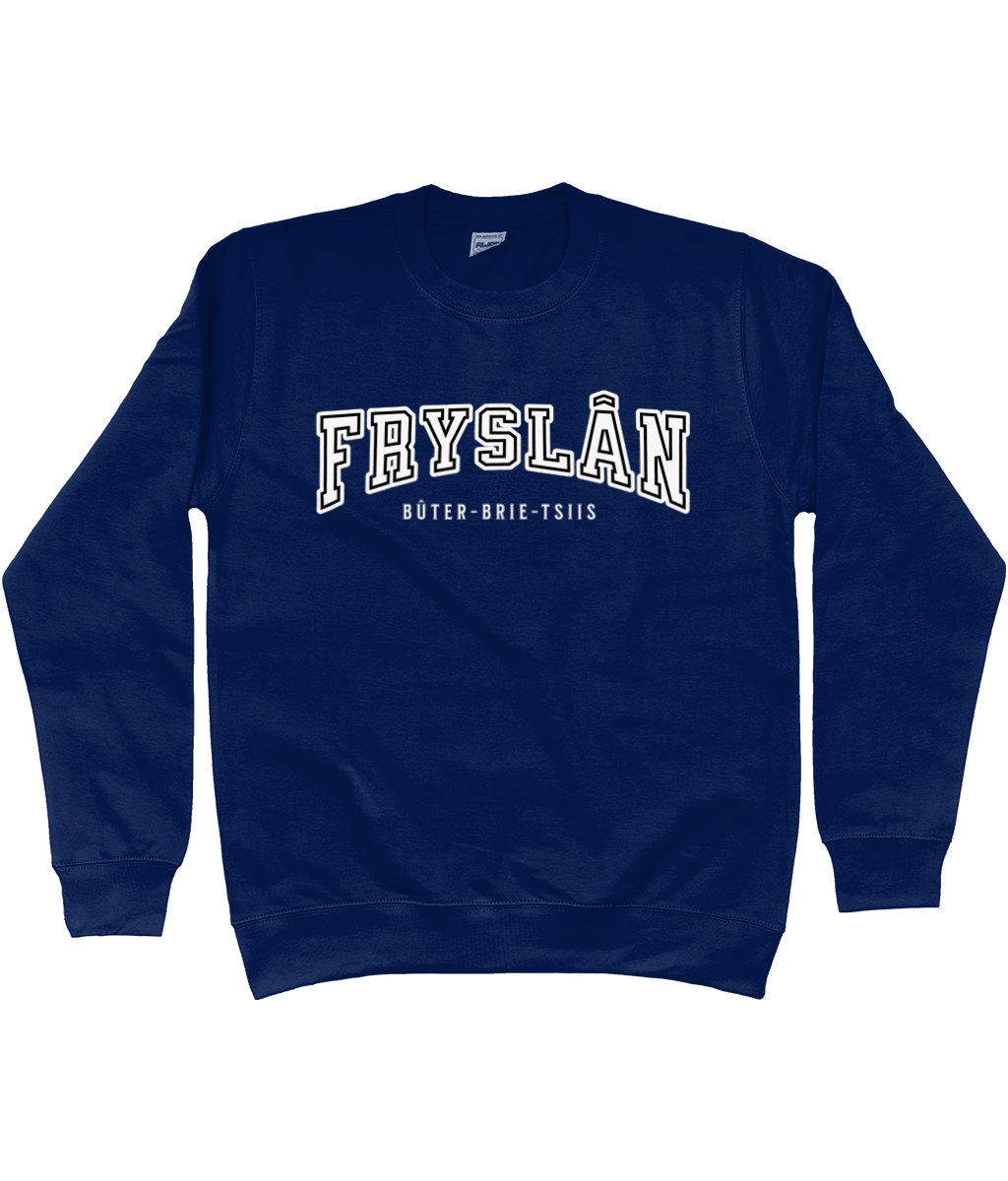 Oxford navy sweater met de tekst Fryslân – Bûter-Brie-Tsiis.