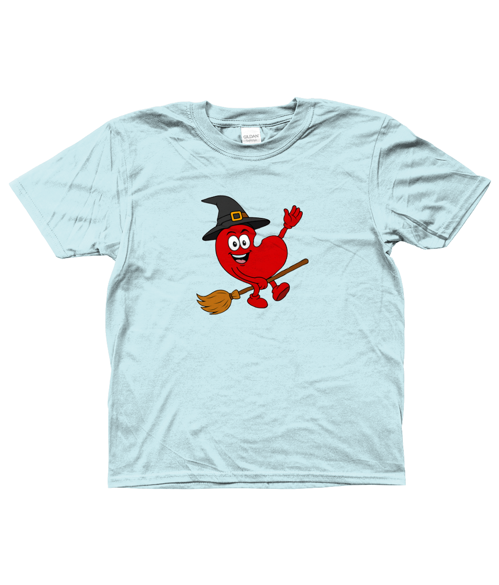 kinder T-shirt met Pompie, het Friese pompeblêd, verkleed als heks op een bezem – Halloween design