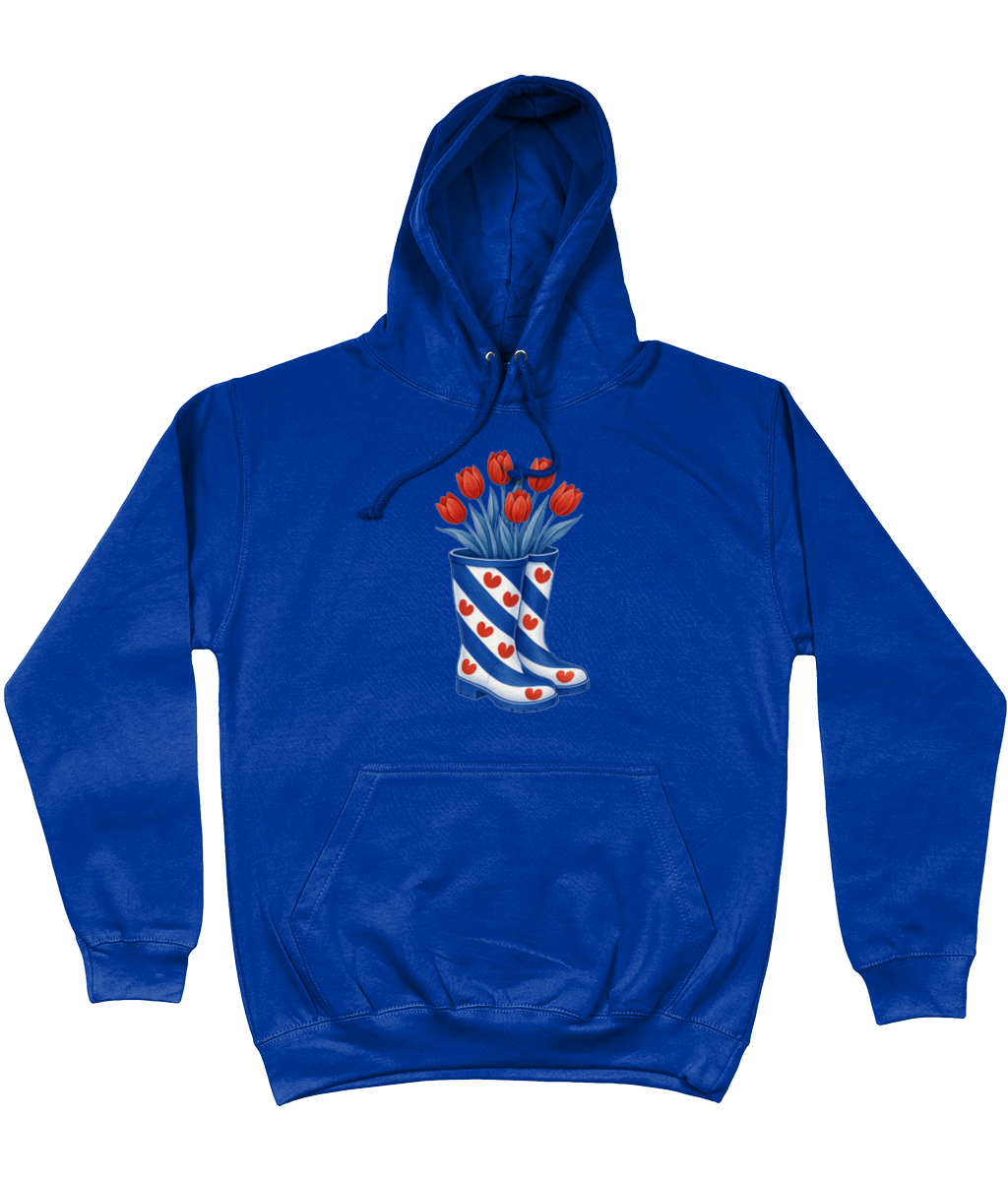 kleding met print van Friese vlag-laarzen gevuld met rode tulpen