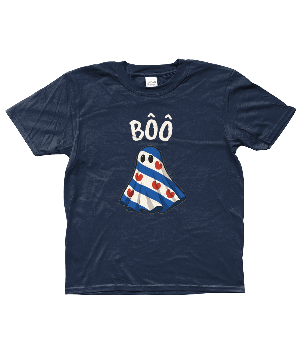 blauw kinder T-shirt met Fries spookje in de Friese vlag en tekst Bôô – Halloween design