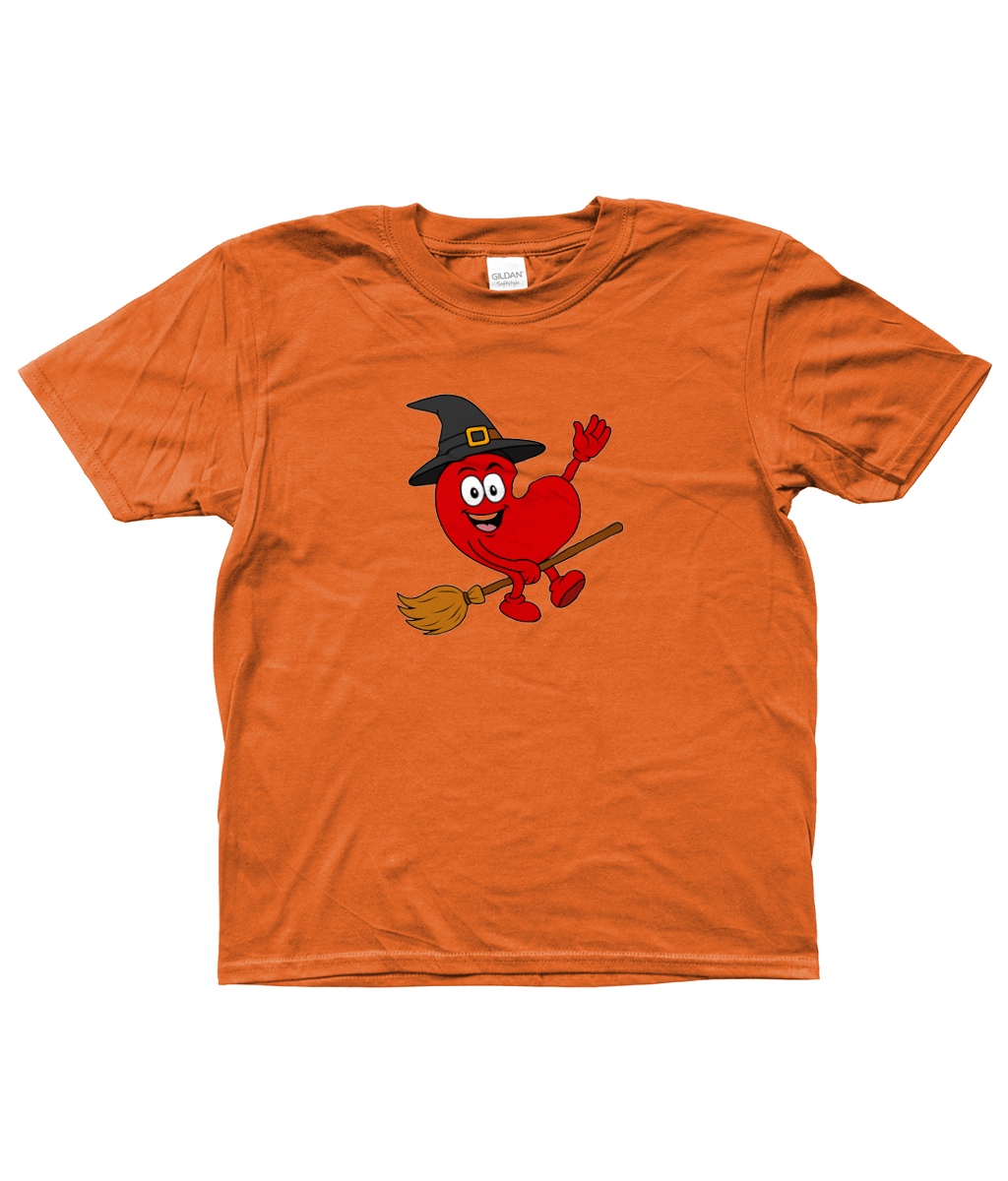 oranje kinder T-shirt met Pompie, het Friese pompeblêd, verkleed als heks op een bezem – Halloween design