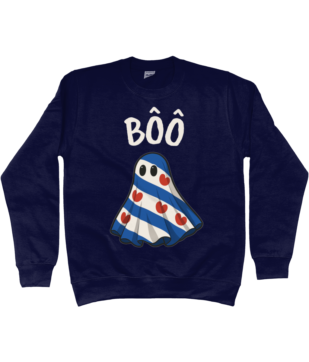 Friese sweater met spook en tekst Bôô – Halloween uit Fryslân