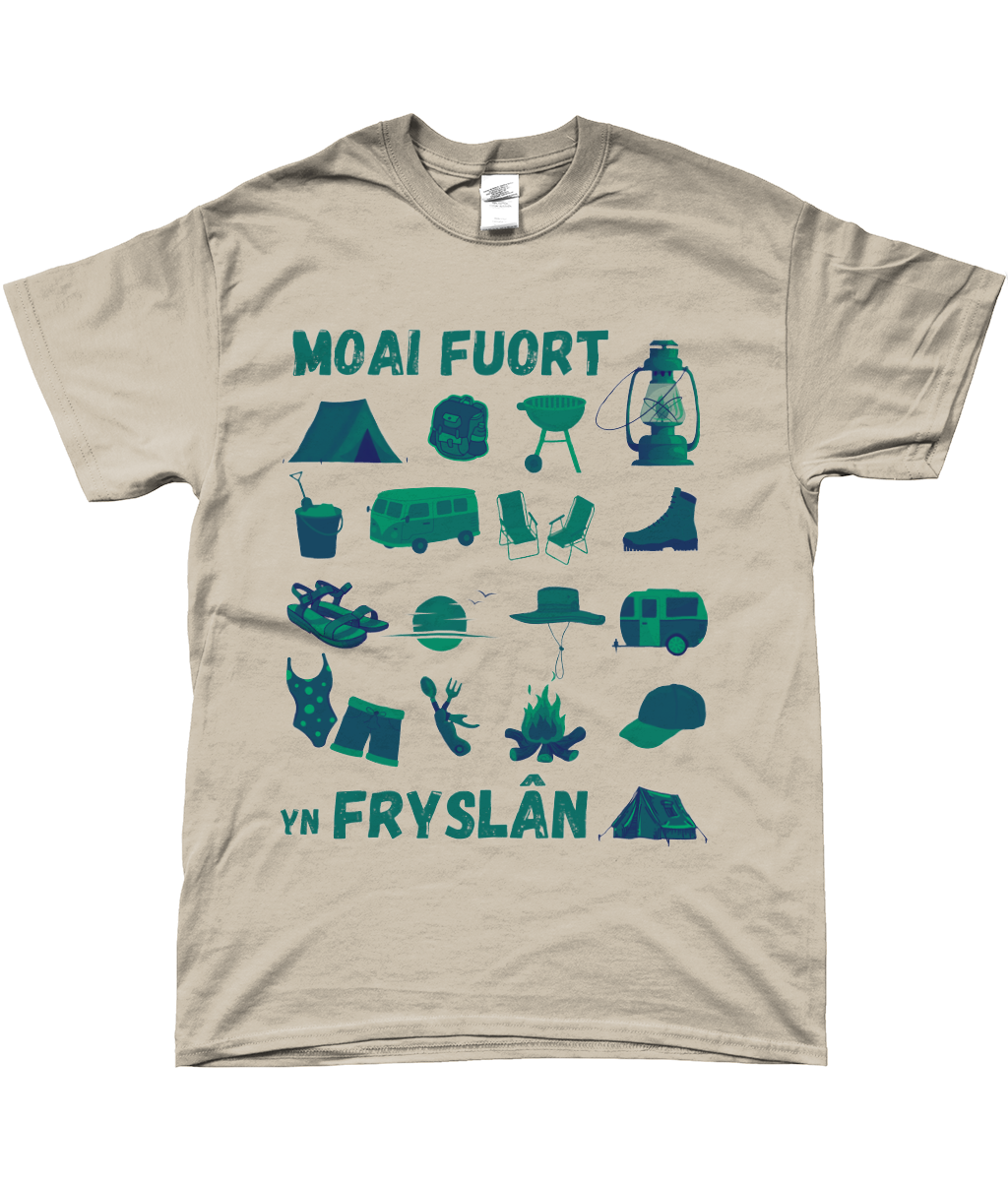 Fries T-shirt licht met tekst Moai fuort yn Fryslân en kampeerprint