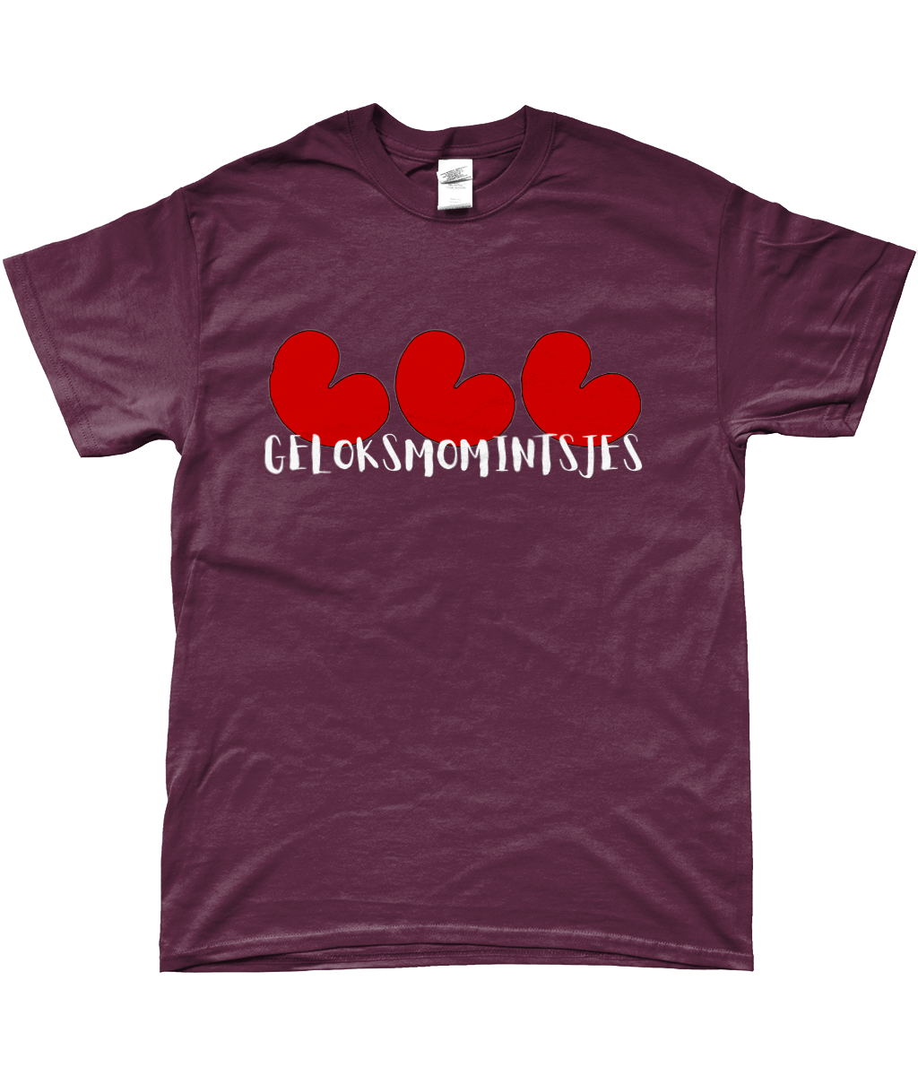 Fries T-shirt Geloksmomintsjes met pompeblêden in bordeaux rood – FrieseCreaties.nl