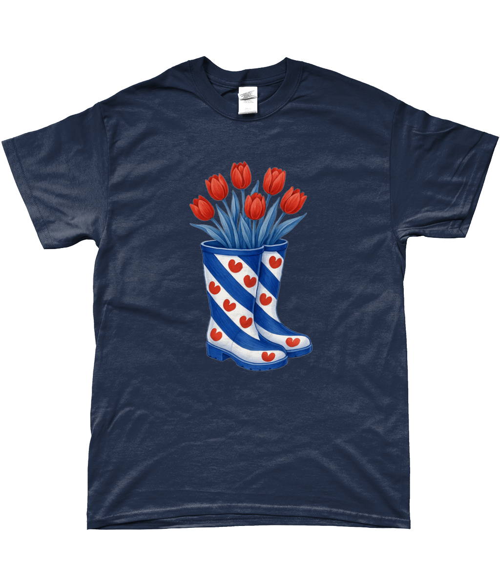 kleding met print van Friese vlag-laarzen gevuld met rode tulpen