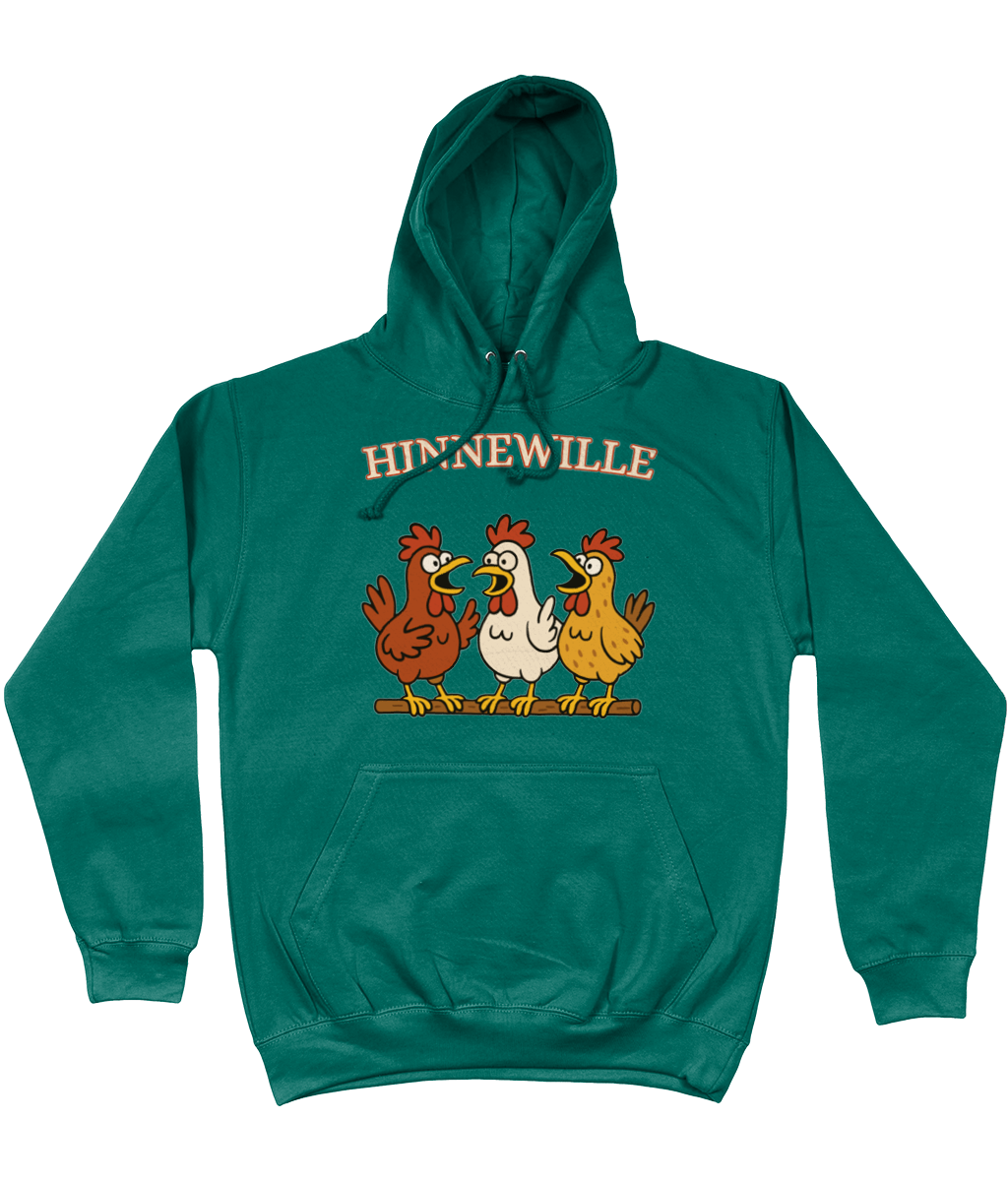 Comfy hoodie Hinnewille met cartoon kippen die gezellig kakelen.