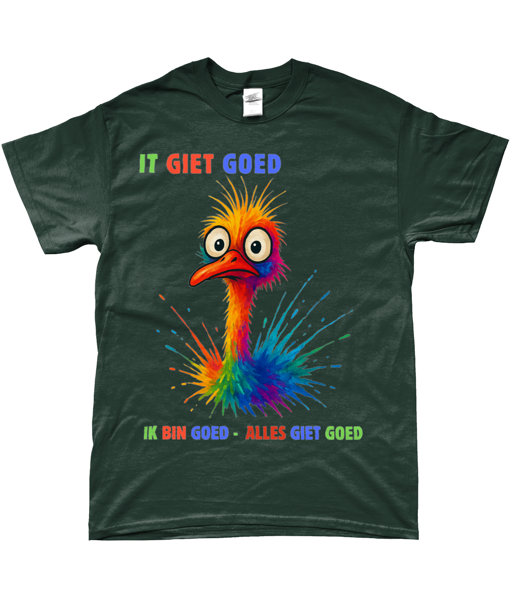 Groen T-shirt met kleurrijke struisvogel en Friese tekst It giet goed – Ik bin goed – Alles giet goed.