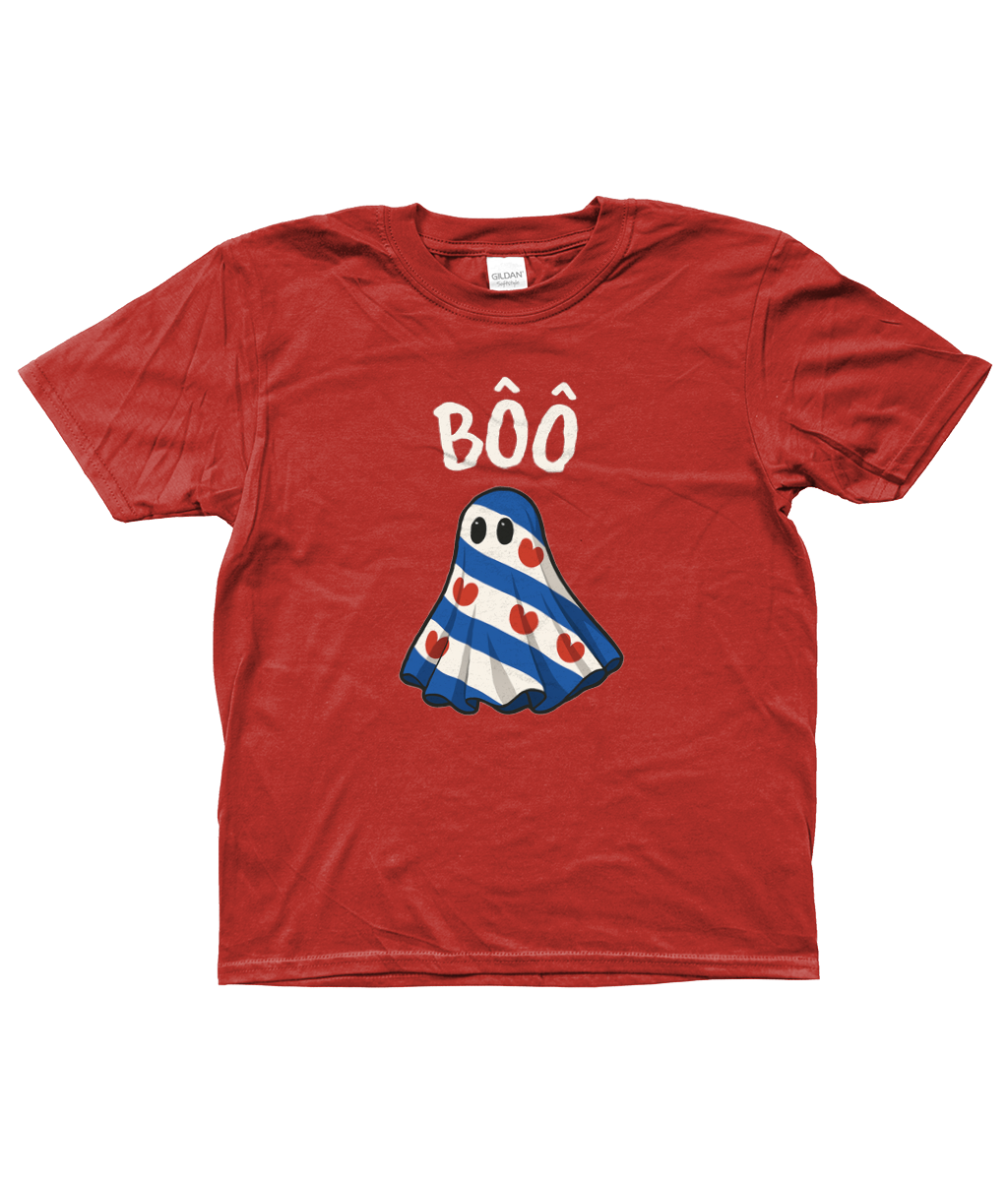 rood kinder T-shirt met Fries spookje in de Friese vlag en tekst Bôô – Halloween design