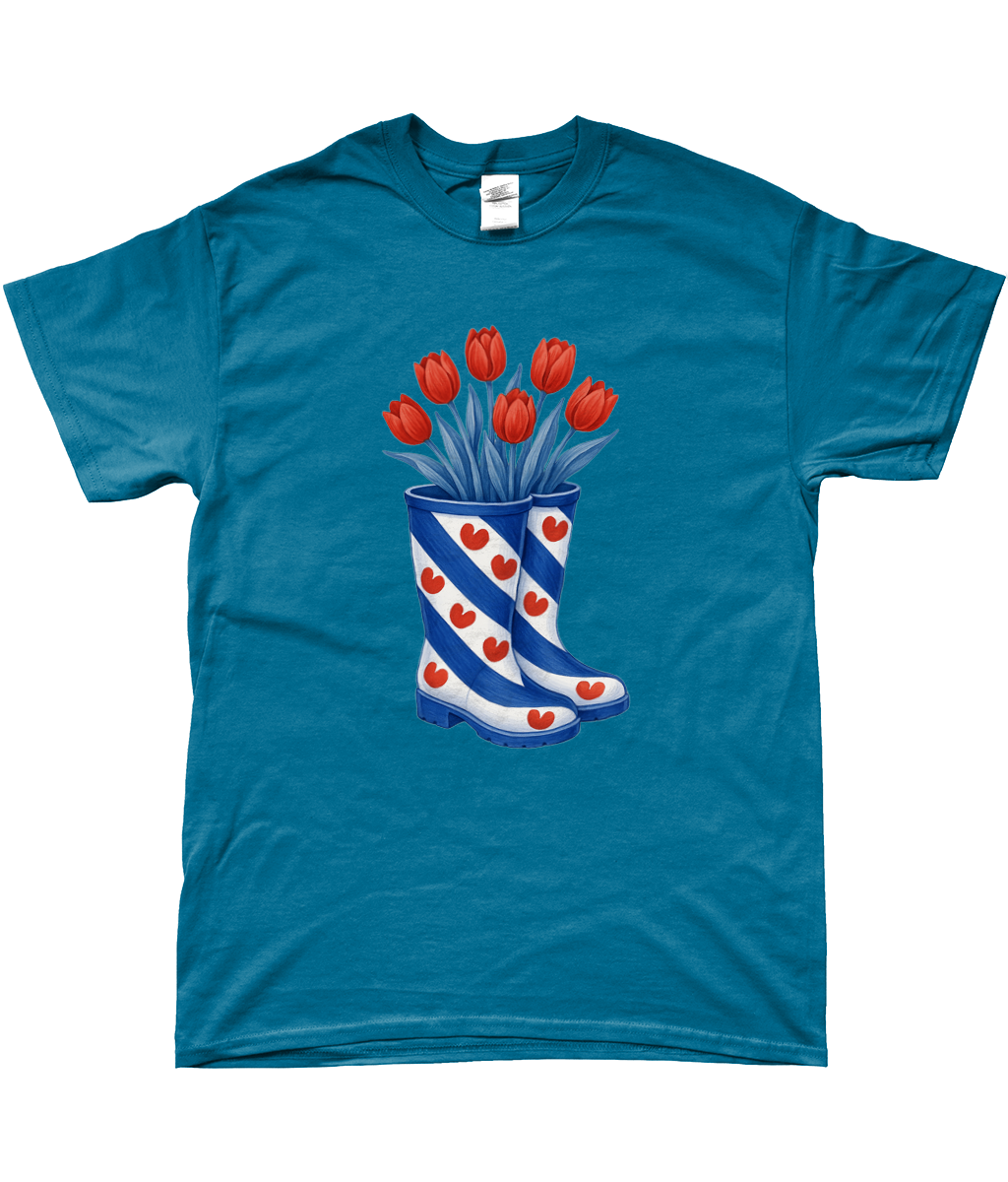 kleding met print van Friese vlag-laarzen gevuld met rode tulpen