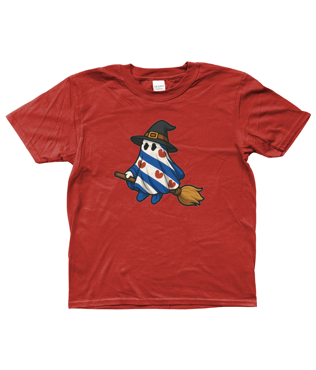 rode kinder T-shirt met Fries spookje in Friese vlag op een bezem met heksenhoed – Halloween design