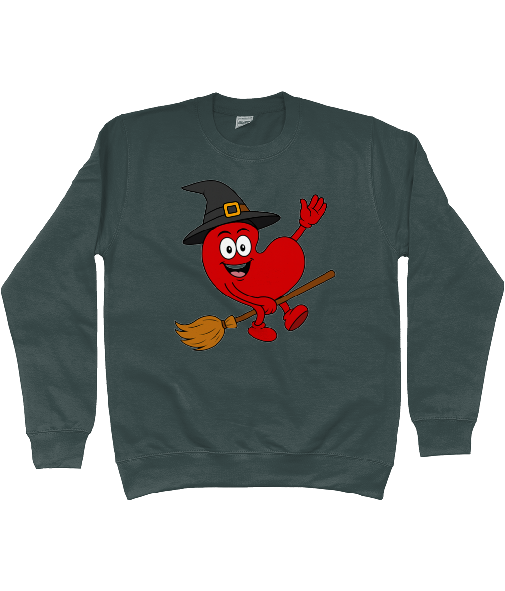 sweater met Pompy het Friese hart als heks op een bezem – Halloween design