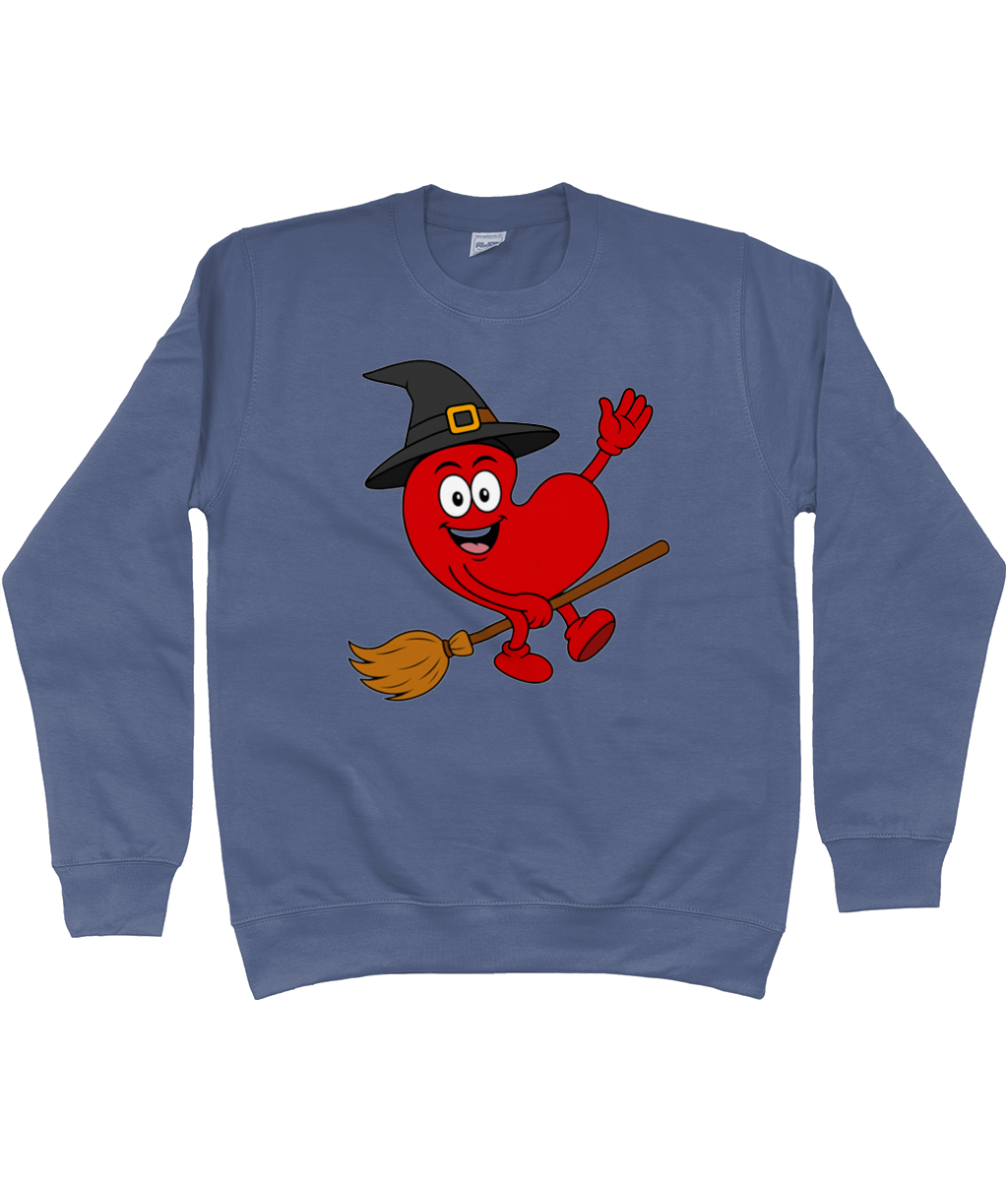 sweater met Pompy het Friese hart als heks op een bezem – Halloween design