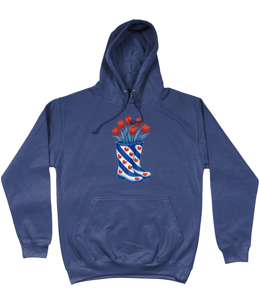 kleding met print van Friese vlag-laarzen gevuld met rode tulpen