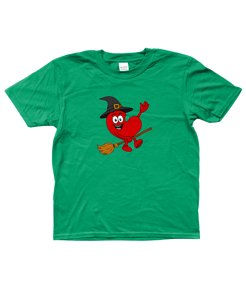 Groen kinder T-shirt met Pompy, het Friese pompeblêd, verkleed als heks op een bezem – Halloween design