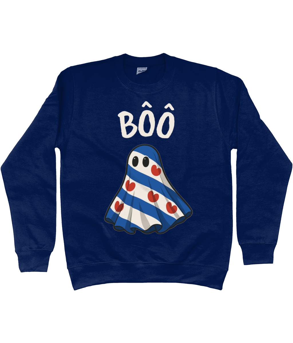 Friese sweater met spook en tekst Bôô – Halloween uit Fryslân