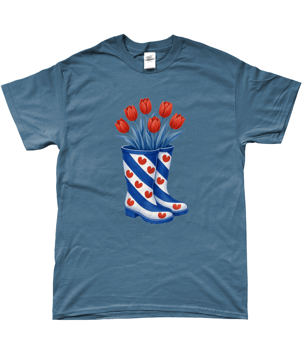 kleding met print van Friese vlag-laarzen gevuld met rode tulpen