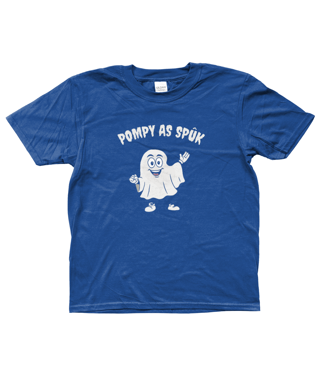 Blauw kinder T-shirt met Pompy verkleed als spook en tekst Pompy as Spûk – Halloween designe