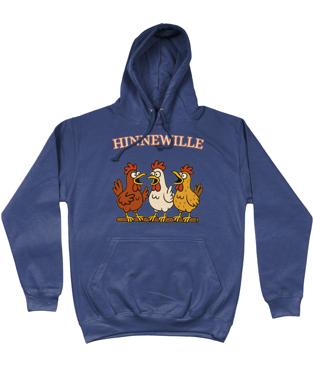 Comfy hoodie Hinnewille met cartoon kippen die gezellig kakelen.