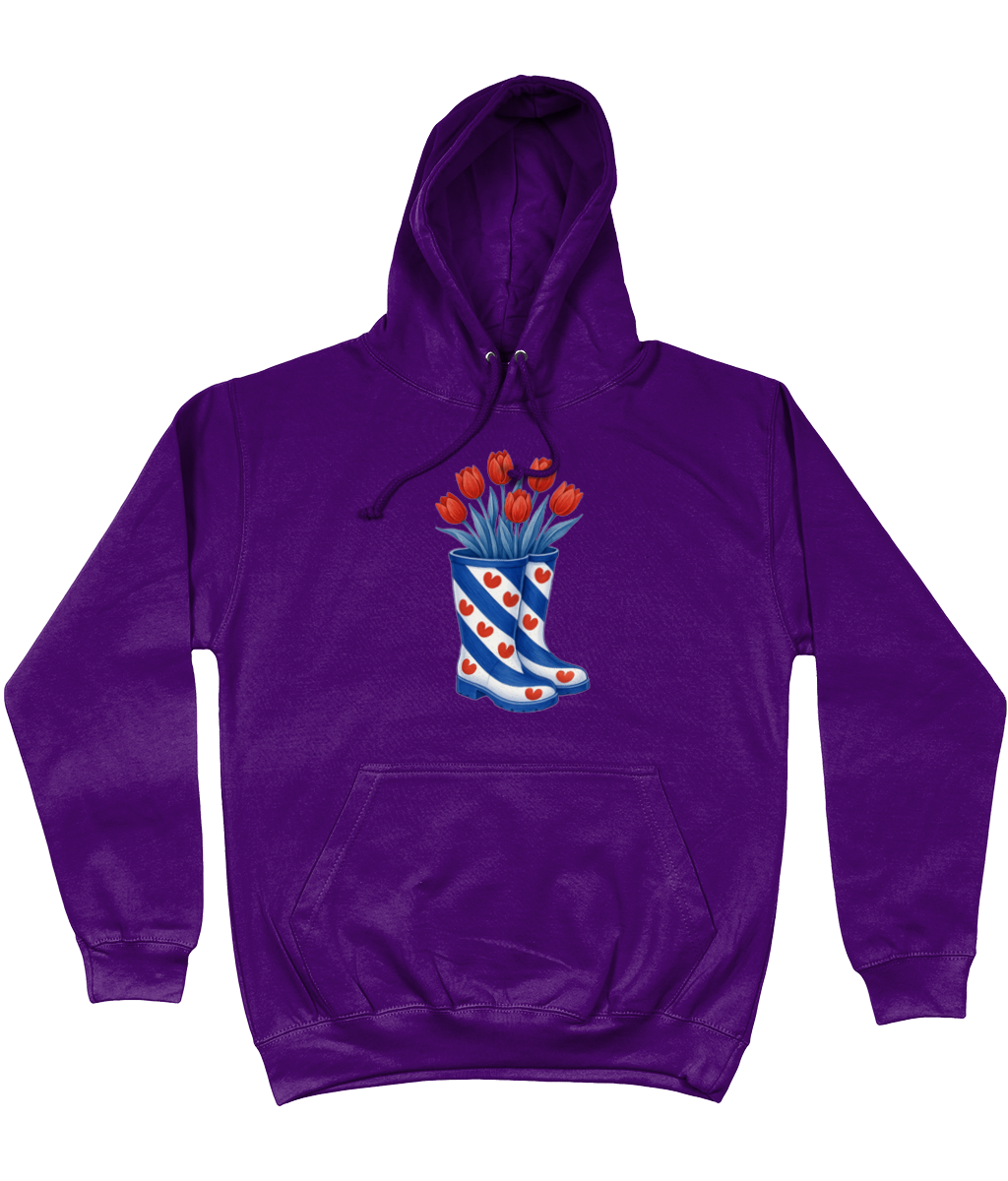 kleding met print van Friese vlag-laarzen gevuld met rode tulpen