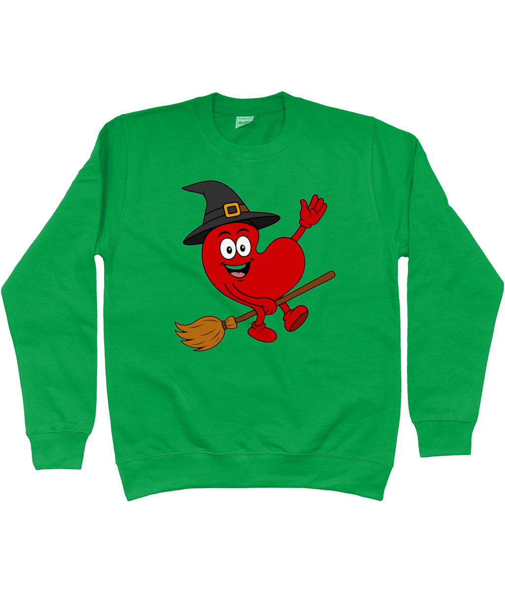 sweater met Pompy het Friese hart als heks op een bezem – Halloween design