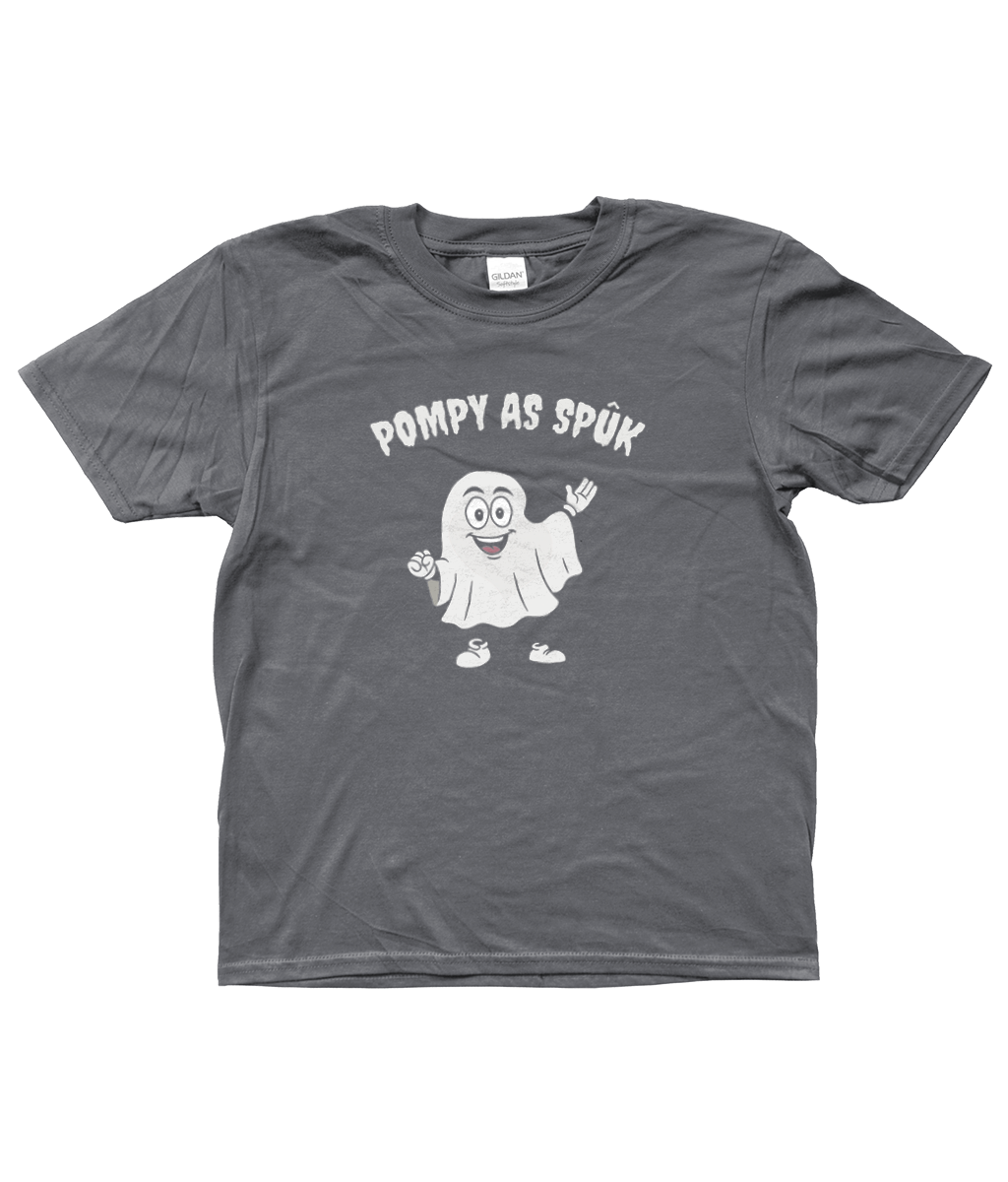 grijs kinder T-shirt met Pompy verkleed als spook en tekst Pompy as Spûk – Halloween design