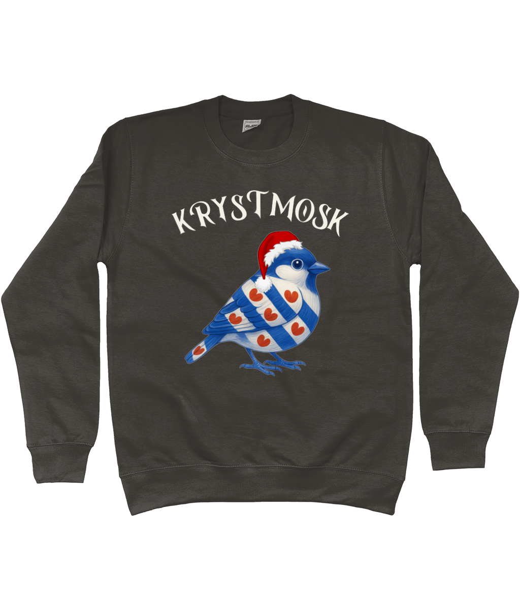Friese kersttrui met huismus in Friese vlag-stijl en kerstmuts – Krystmosk sweater van FrieseCreaties.nl