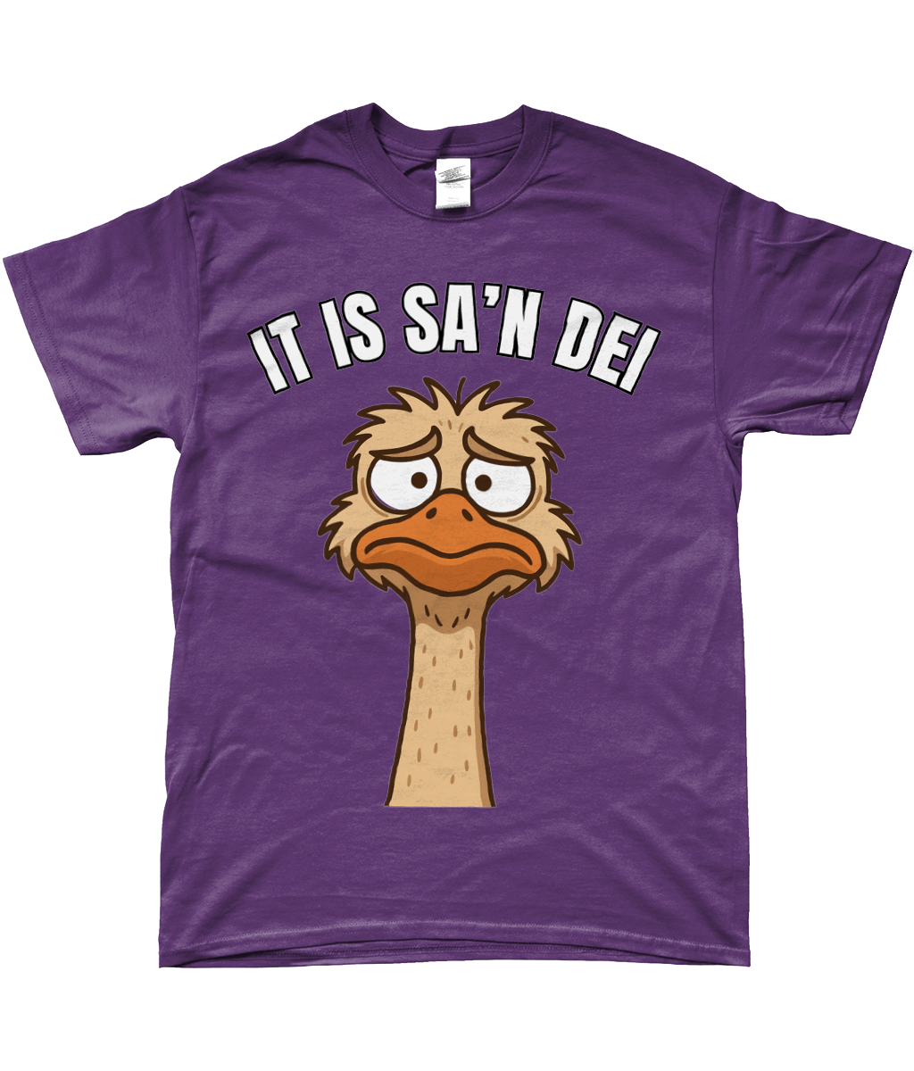 T-shirt met cartoon struisvogel en Friese tekst “It is sa’n dei” – grappig Fries design