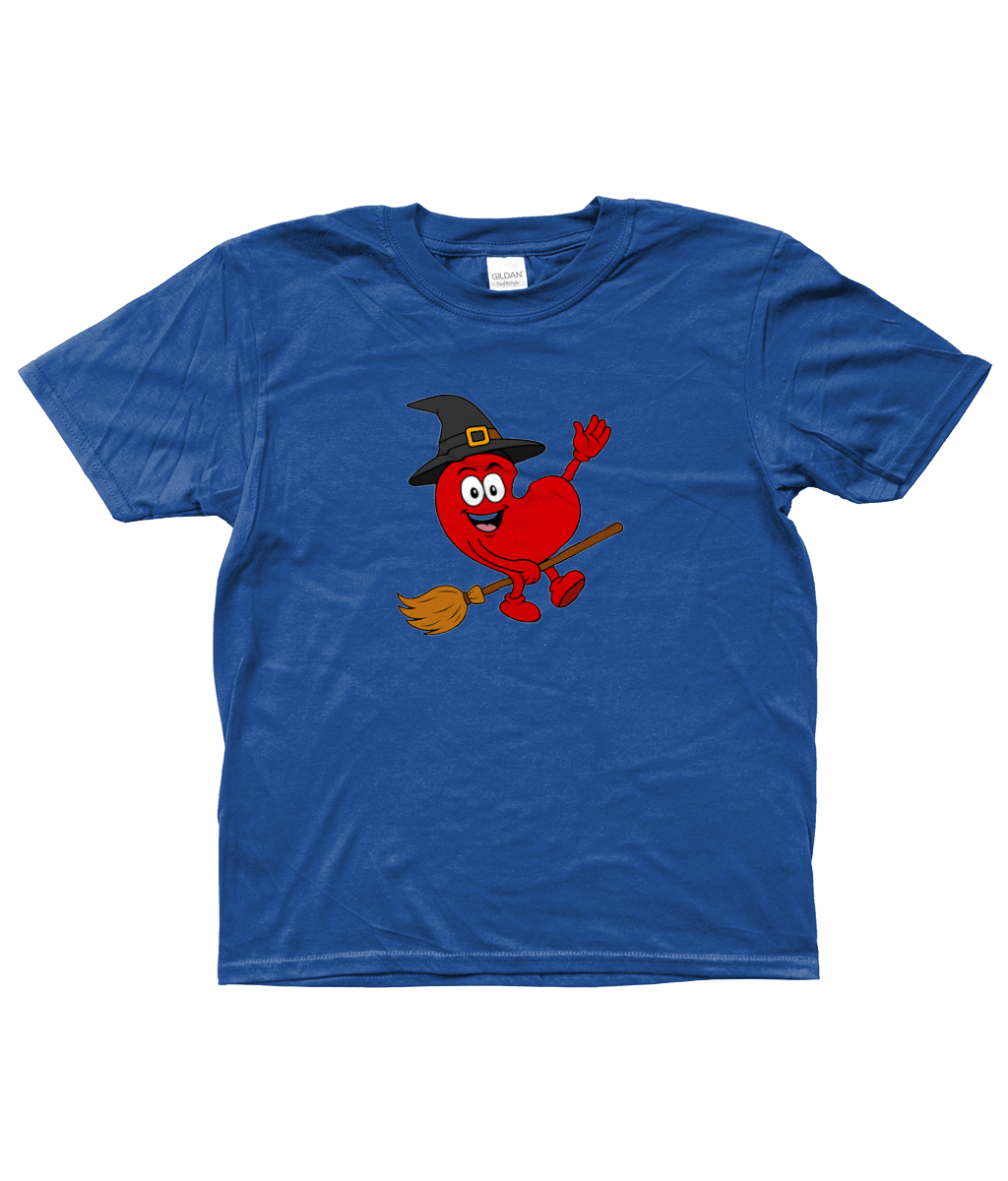 blauw kinder T-shirt met Pompy, het Friese pompeblêd, verkleed als heks op een bezem – Halloween design