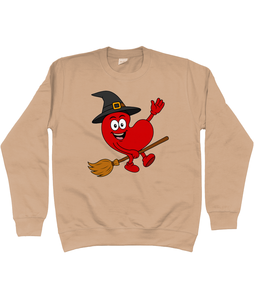 sweater met Pompy het Friese hart als heks op een bezem – Halloween design