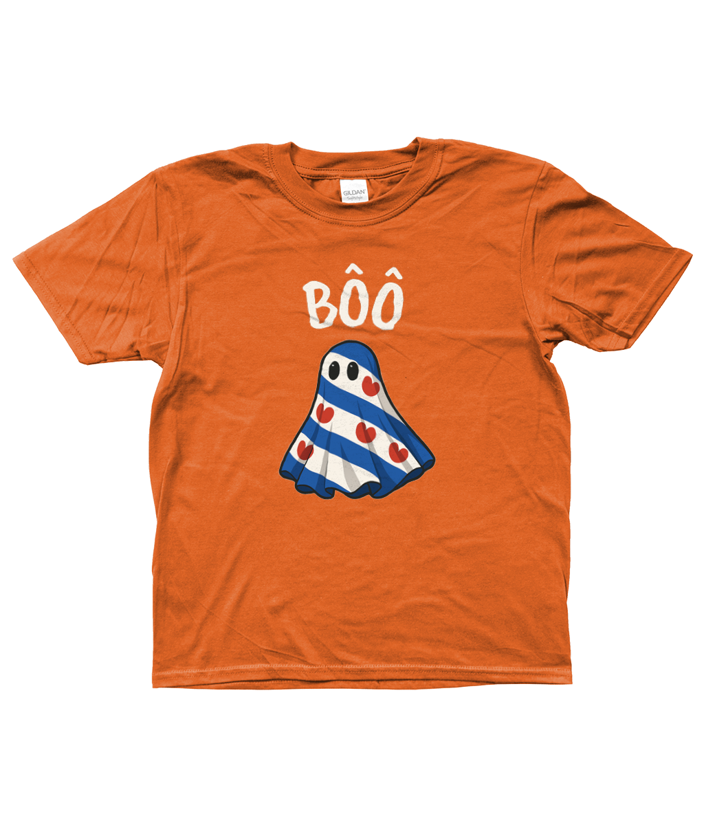 oranje kinder T-shirt met Fries spookje in de Friese vlag en tekst Bôô – Halloween design