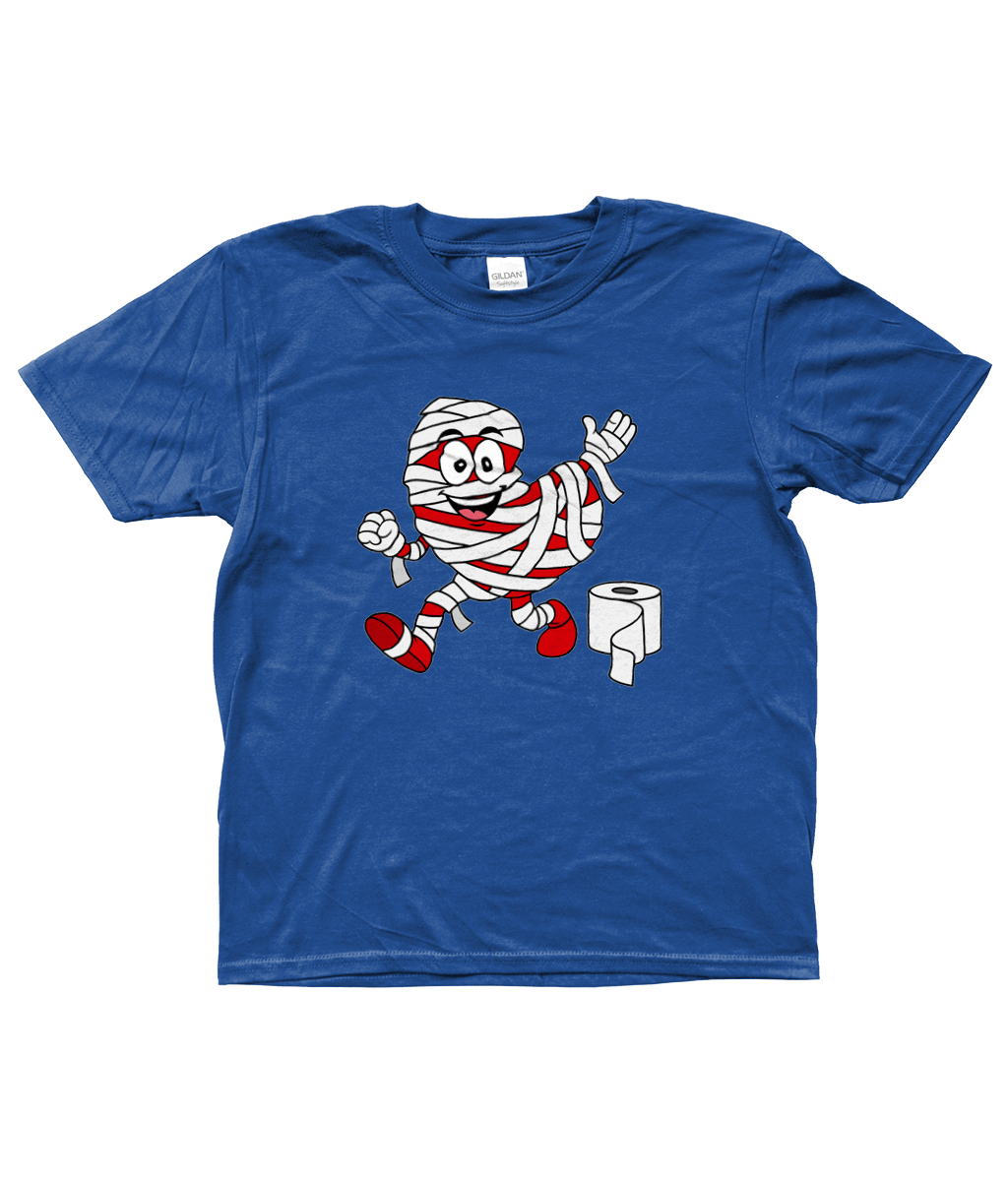 blauw kinder T-shirt met Pompy, het Friese pompeblêd, verkleed als mummie met wc-papier – Halloween design