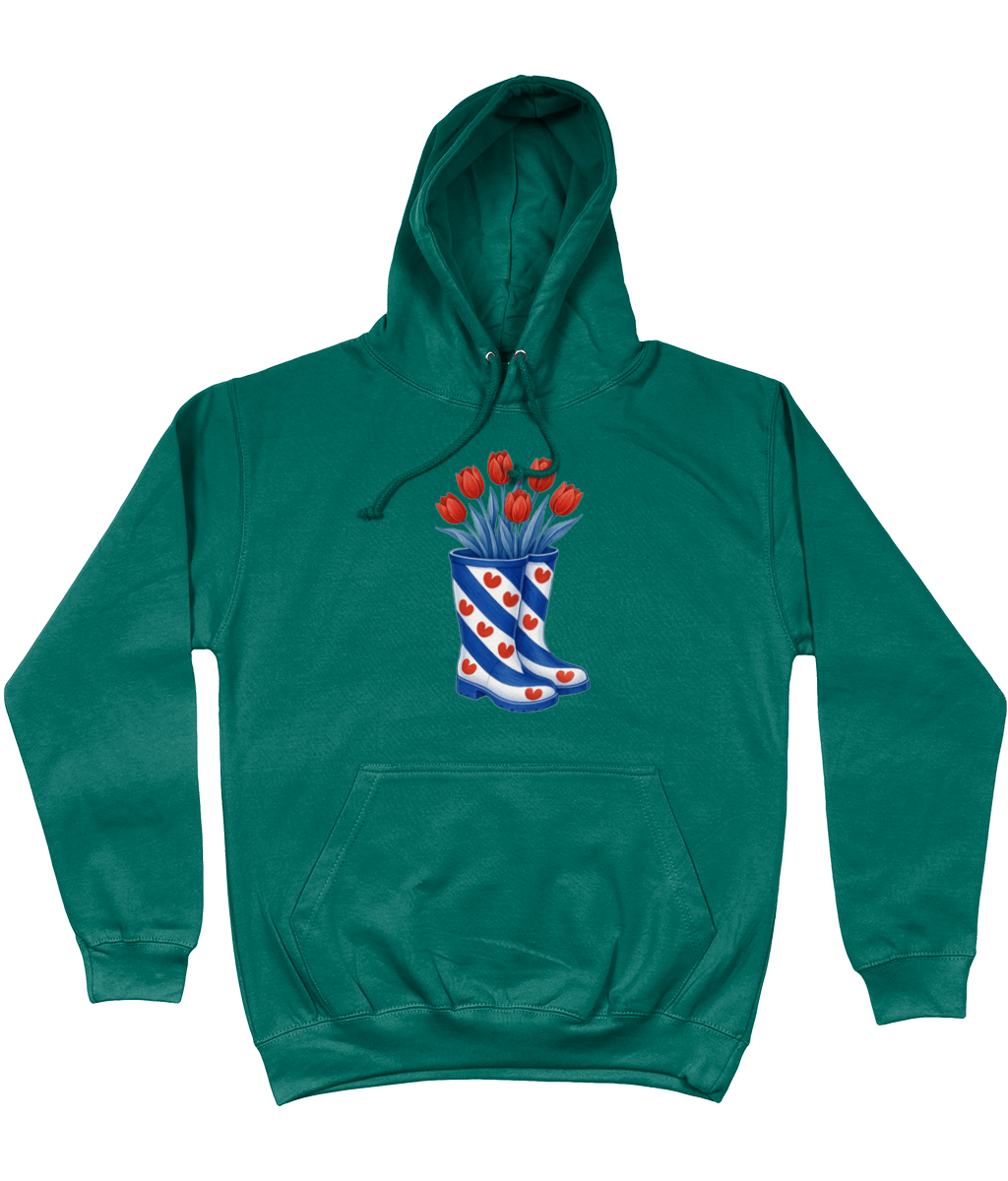 kleding met print van Friese vlag-laarzen gevuld met rode tulpen