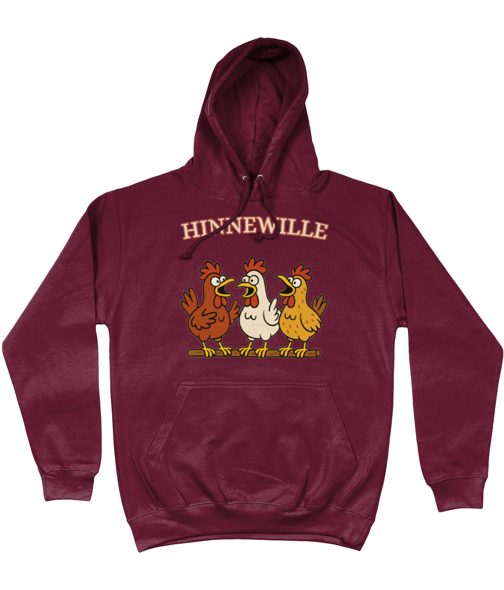 Comfy hoodie Hinnewille met cartoon kippen die gezellig kakelen.