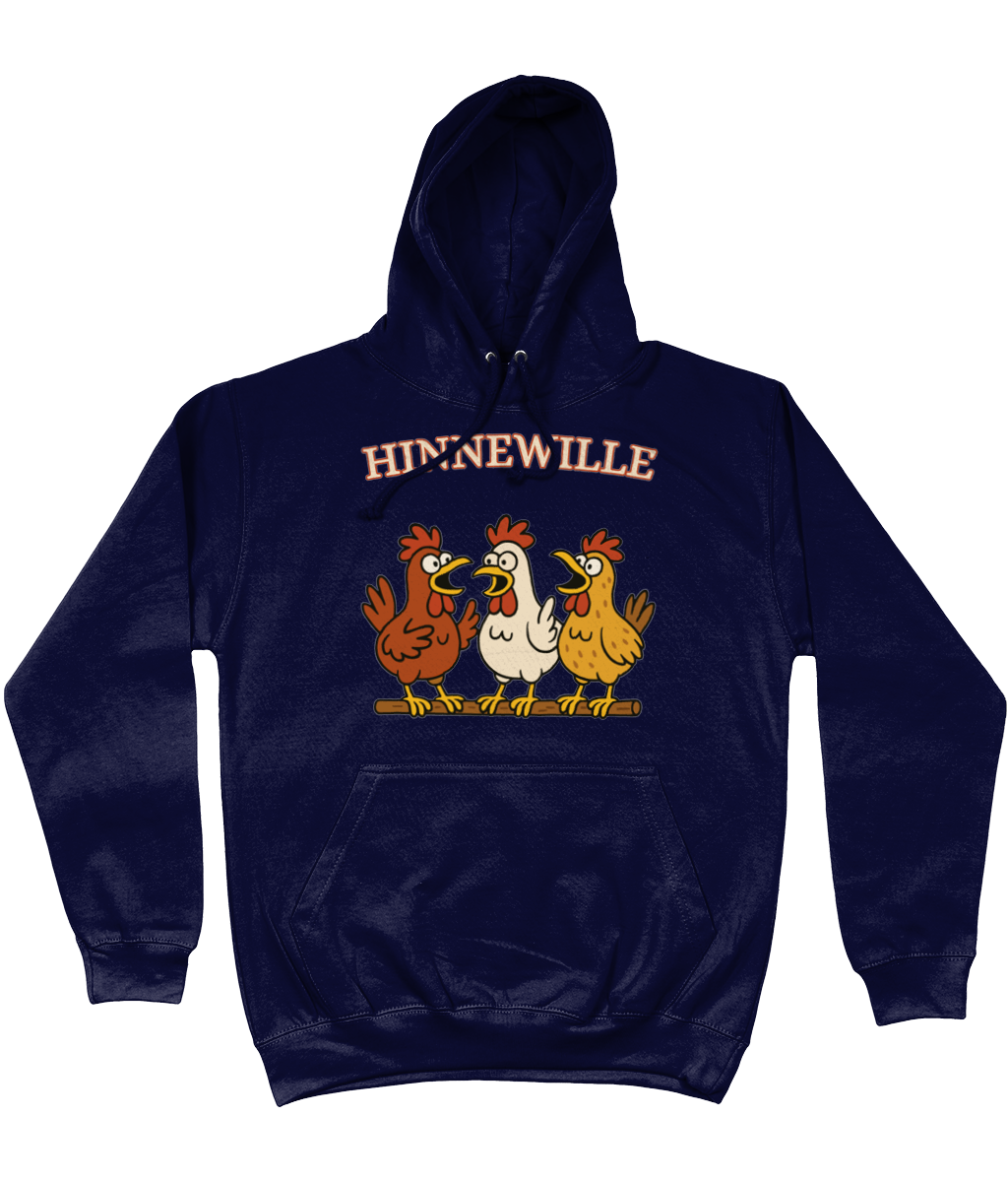 Comfy hoodie Hinnewille met cartoon kippen die gezellig kakelen.