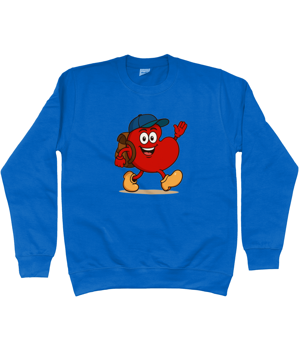 Kindersweater blauw met print van Pompy die wandelend op pad gaat.