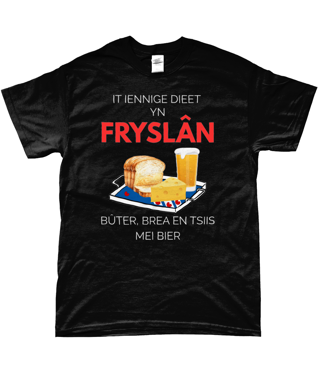 Fries T-shirt met tekst ‘Fryslân dieet: bûter, brea en tsiis mei bier’