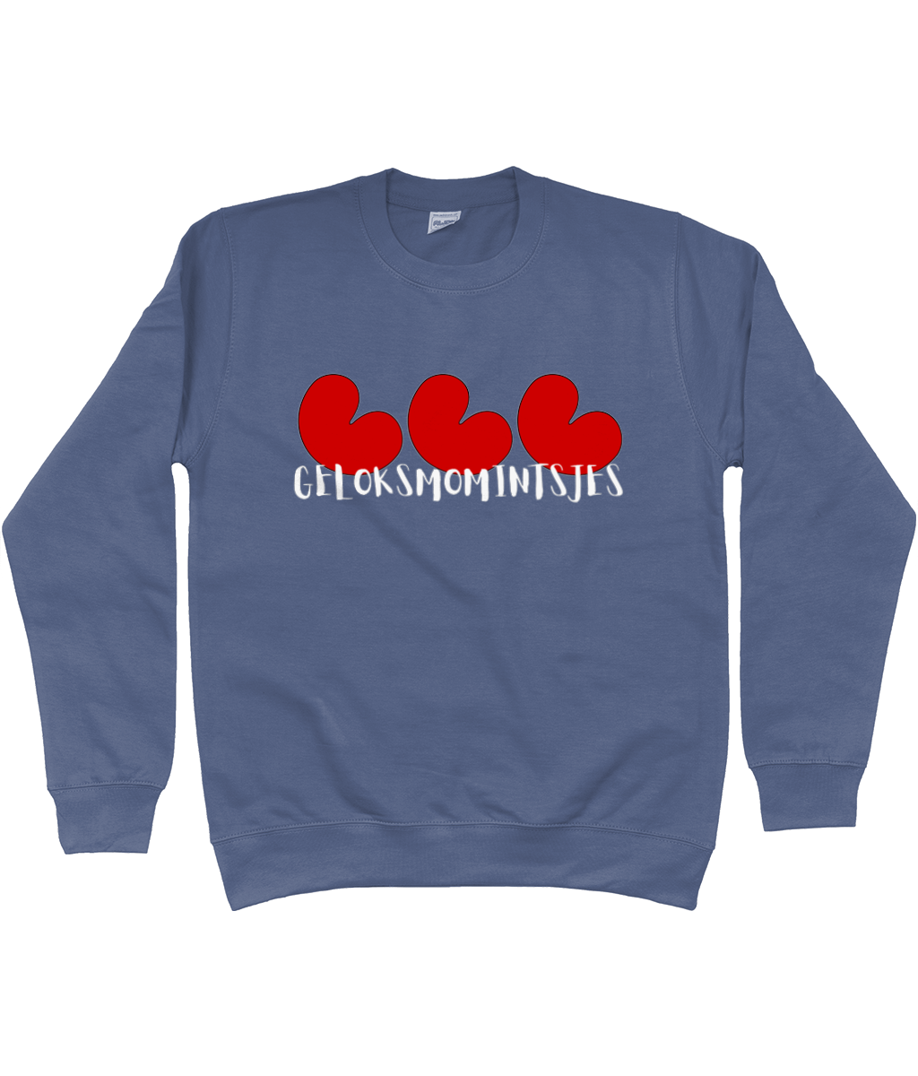 Friese sweater Geloksmomintsjes met pompeblêden in blauw – FrieseCreaties.nl
