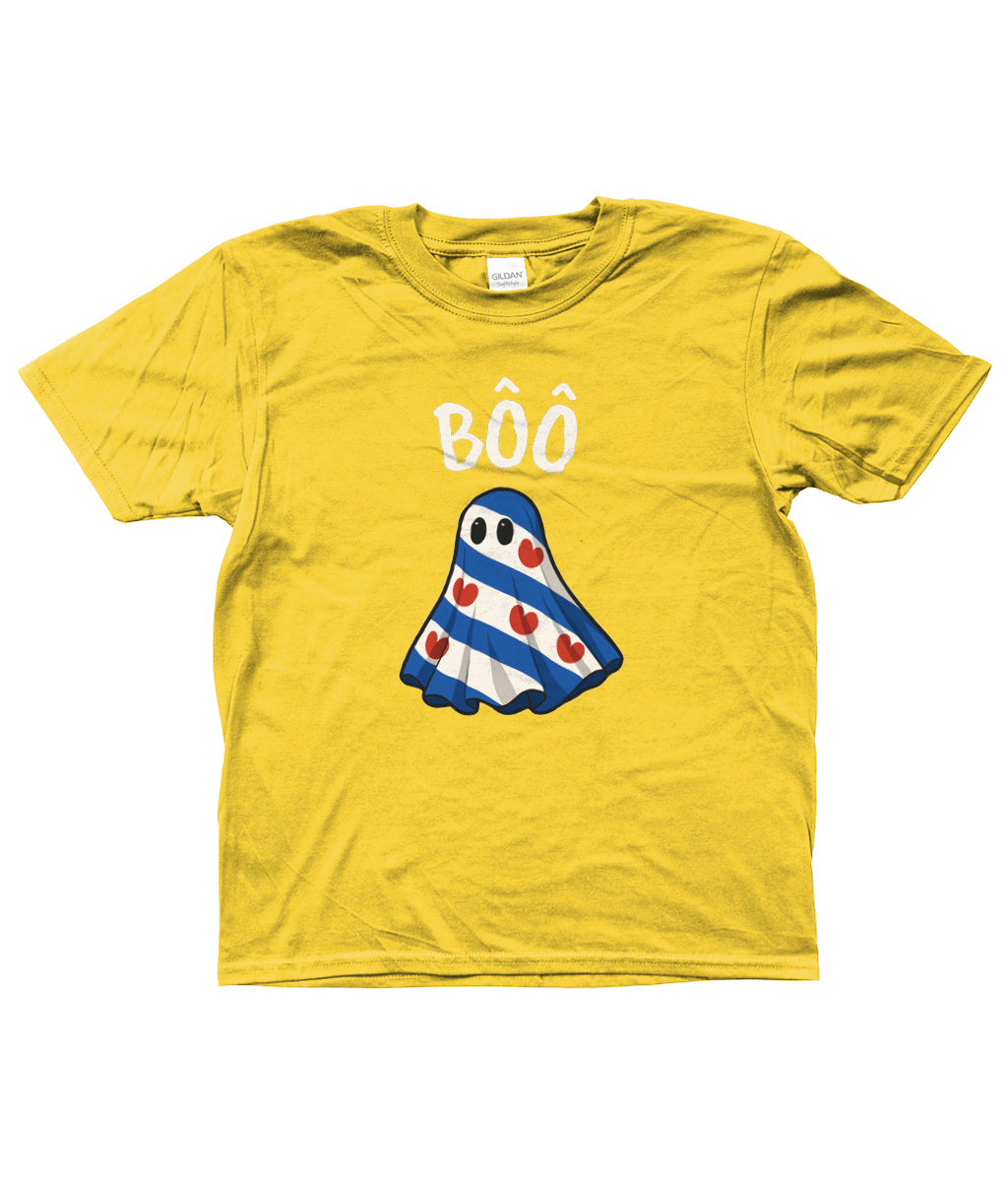 geel kinder T-shirt met Fries spookje in de Friese vlag en tekst Bôô – Halloween design