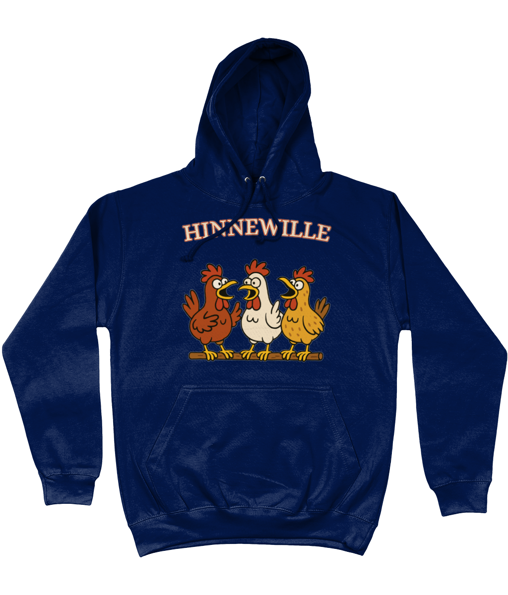 Comfy hoodie Hinnewille met cartoon kippen die gezellig kakelen.